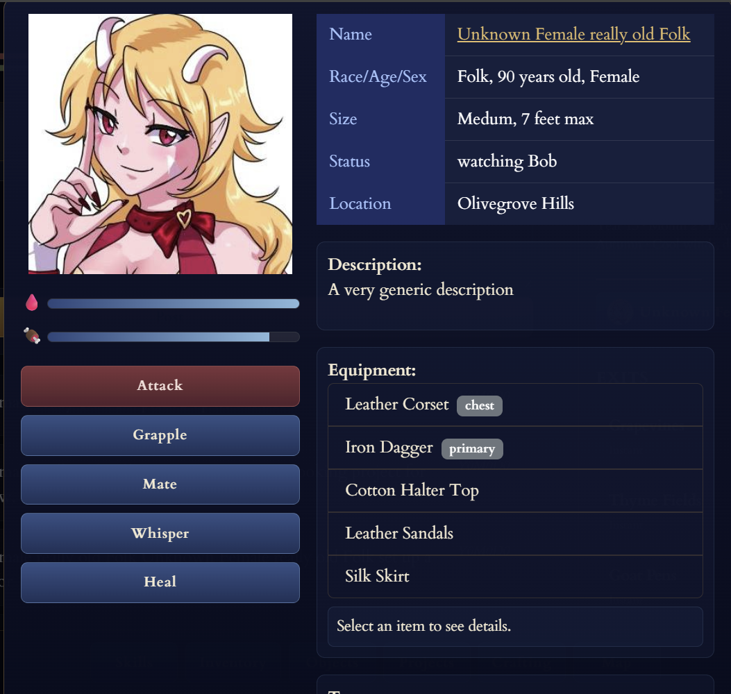 Celestial Fall character profile with status, equipment, and interaction options